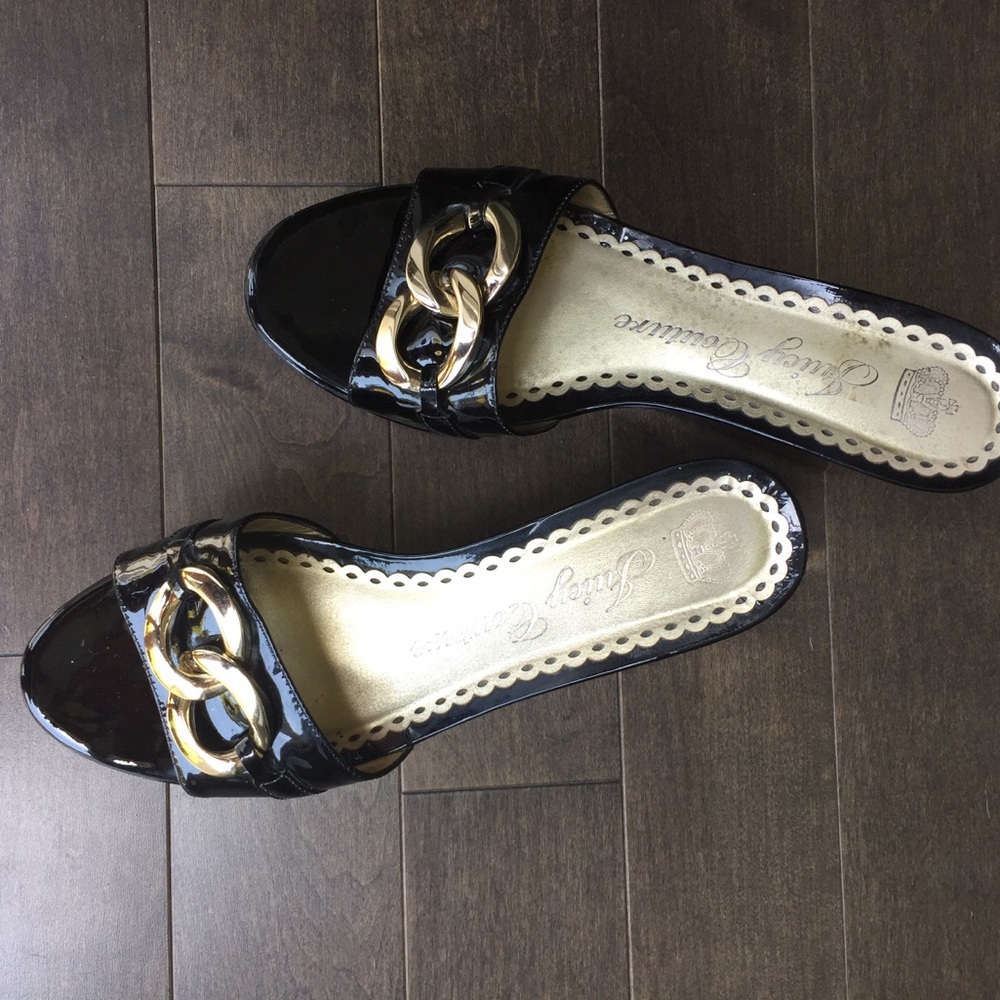 Juicy Couture Black Patent Leather & Gold  Slides